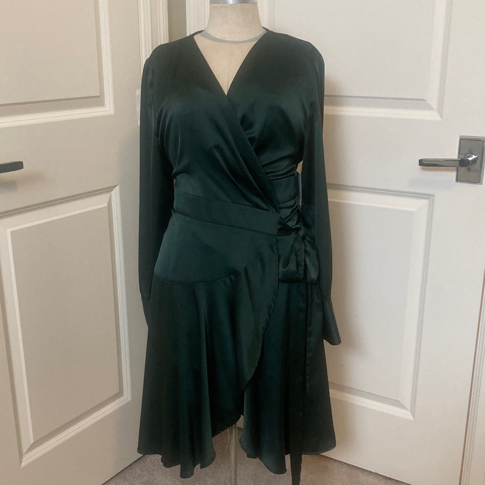 Emerald Satin Long Sleeve Wrap Dress